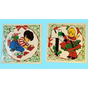Ceramic Tile Little Girl Boy Sending Holiday Mail Vintage Christmas Trivet JASCO